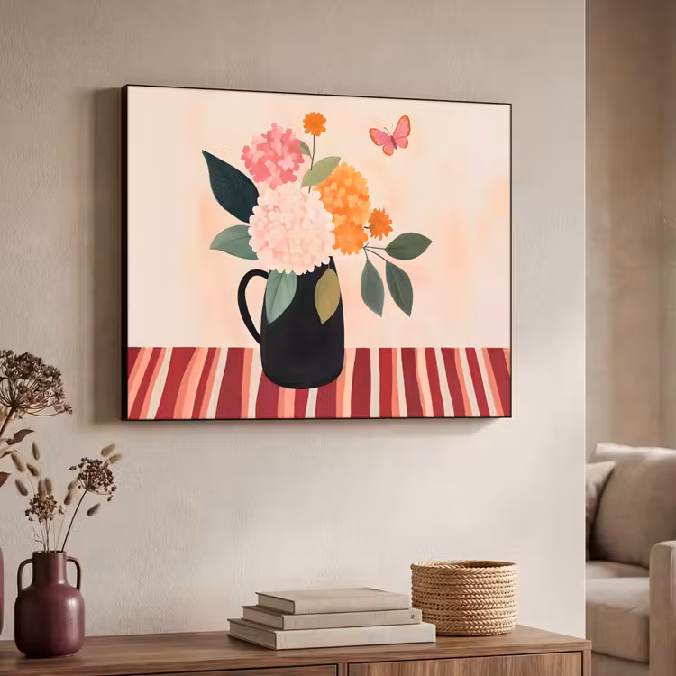 Vaas - Bloemen - Vlinder - Rood Textielframe - compleet frame klein -sfeer3