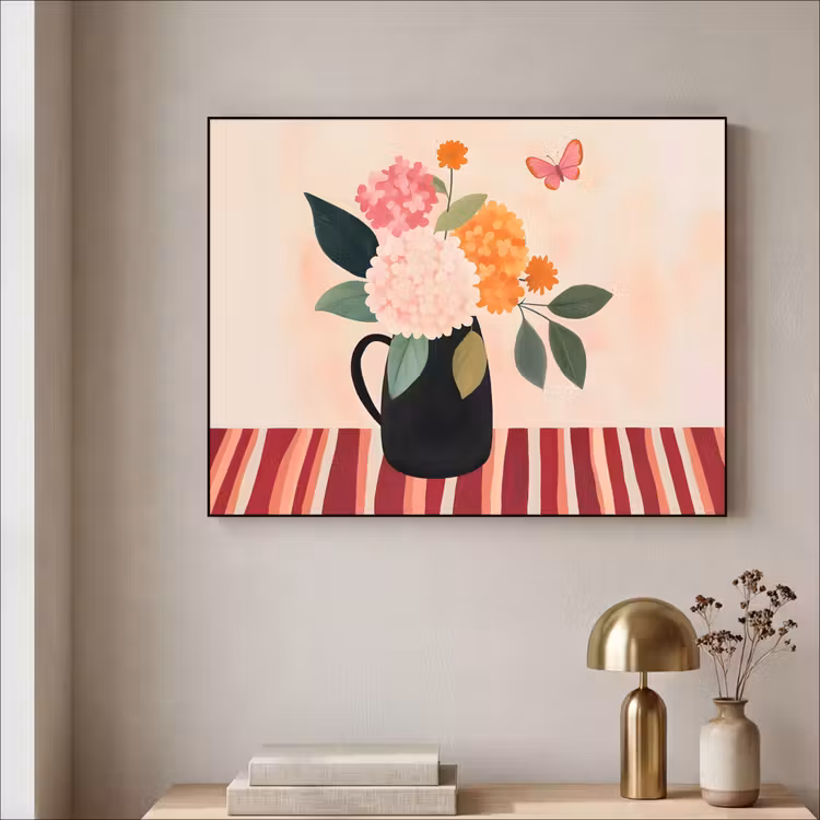 Vaas - Bloemen - Vlinder - Rood Textielframe - compleet frame klein -sfeer2
