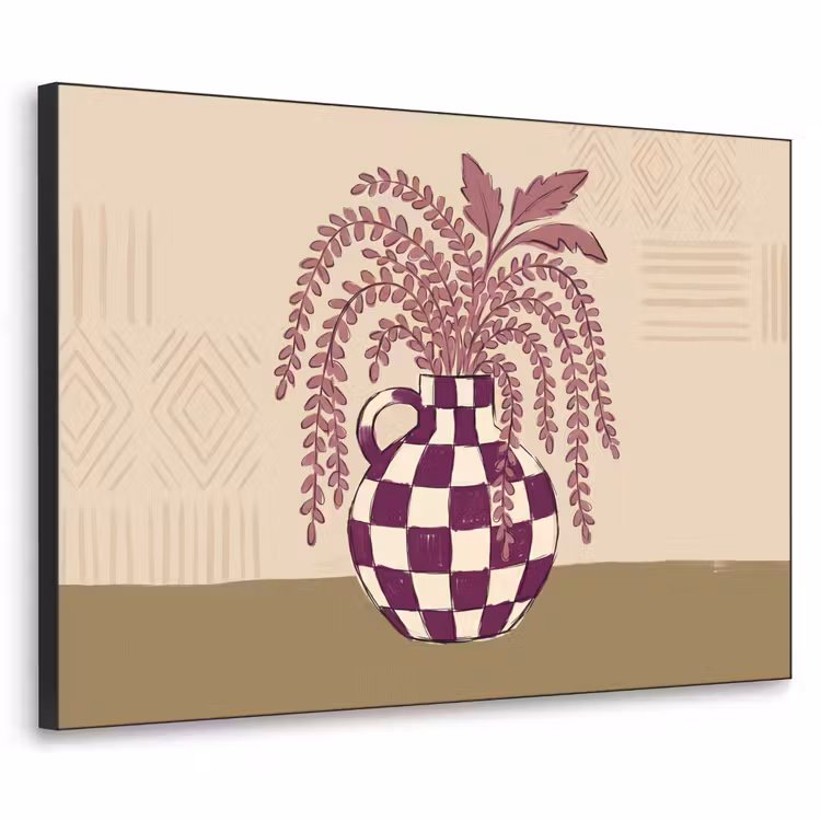 Vaas - Geruit - Planten - Modern - Paars Textielframe zwart klein -3d