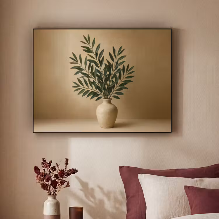 Vaas - Olijftakken - Bladeren - Beige Textielframe - compleet frame klein -sfeer1