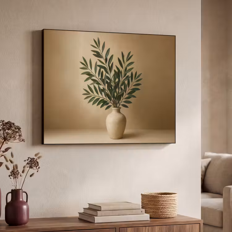 Vaas - Olijftakken - Bladeren - Beige Textielframe - compleet frame klein -sfeer3