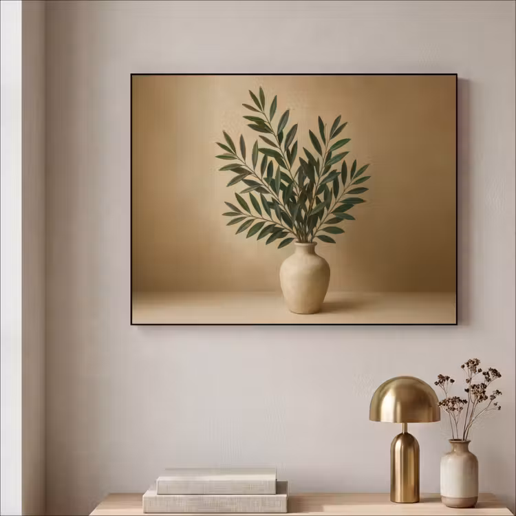 Vaas - Olijftakken - Bladeren - Beige Textielframe zwart klein -sfeer2