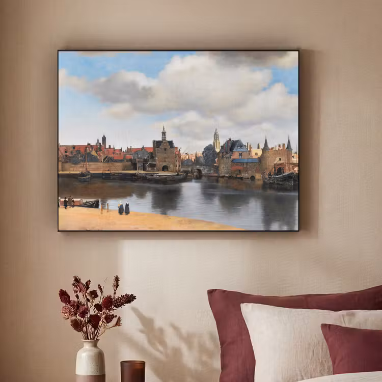 Vermeer - Stad - Oude meesters - Kunst Textielframe zwart klein -sfeer1
