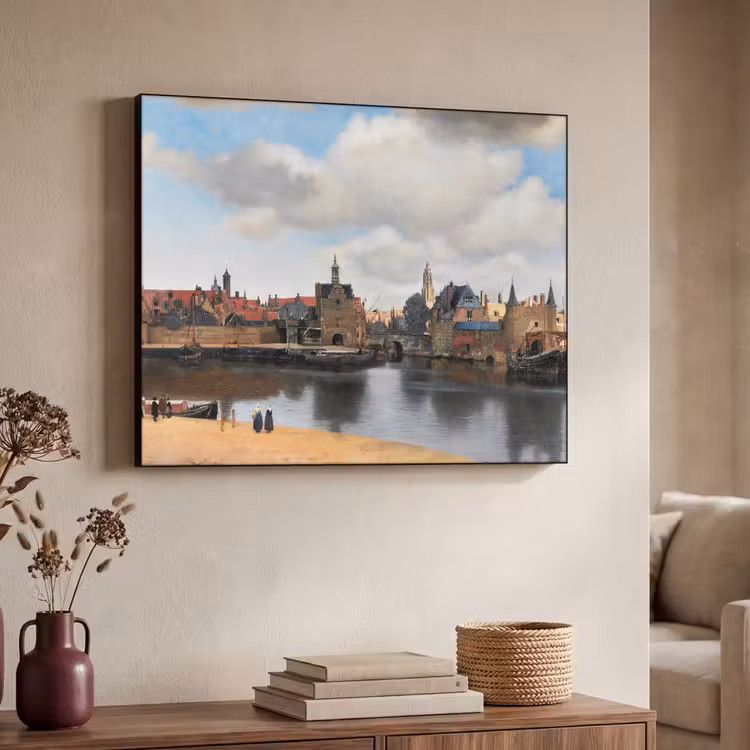 Vermeer - Stad - Oude meesters - Kunst Textielframe zwart klein -sfeer3