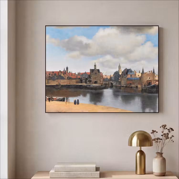 Vermeer - Stad - Oude meesters - Kunst Textielframe zwart klein -sfeer2