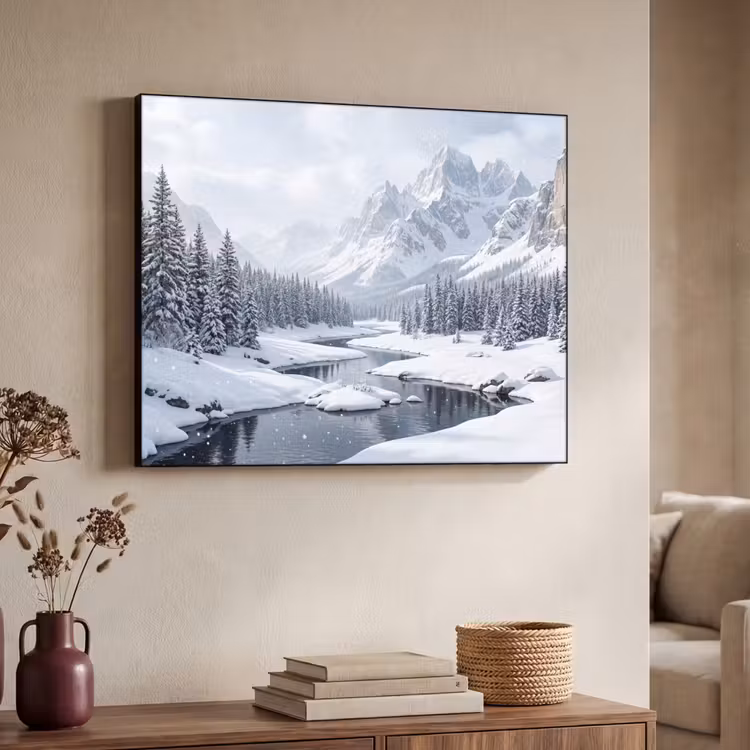Sneeuwlandschap - Bergen - Rivier - Winter Textielframe zwart klein -sfeer3