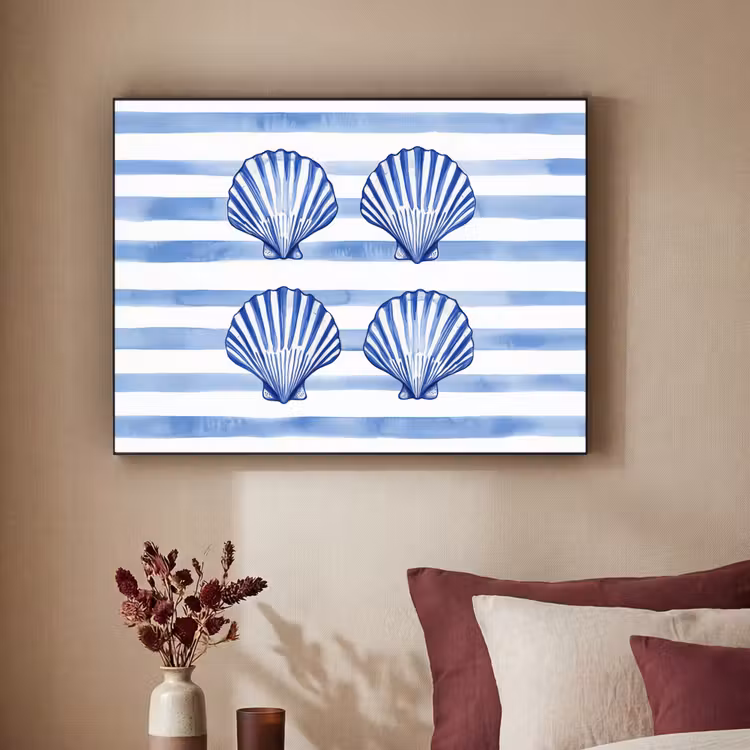 Vier schelpen - Blauw - Wit - Strepen Textielframe zwart klein -sfeer1