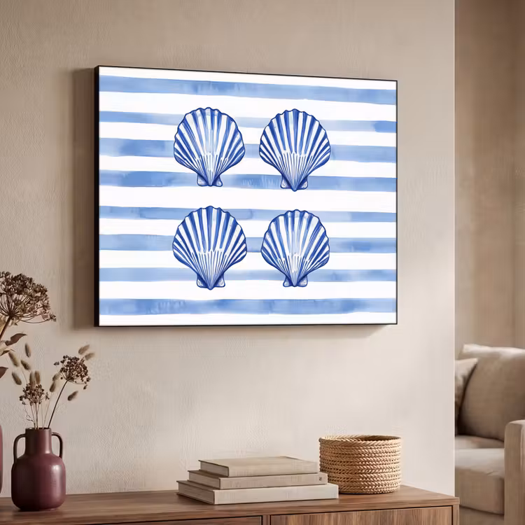 Vier schelpen - Blauw - Wit - Strepen Textielframe zwart klein -sfeer3