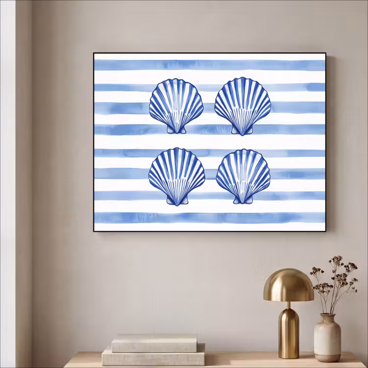 Vier schelpen - Blauw - Wit - Strepen Textielframe - compleet frame klein -sfeer2