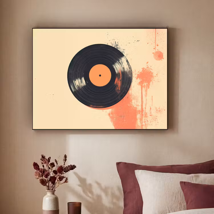 Vinylplaat - Zwart - Verfspatten - Retro Textielframe - compleet frame klein -sfeer1