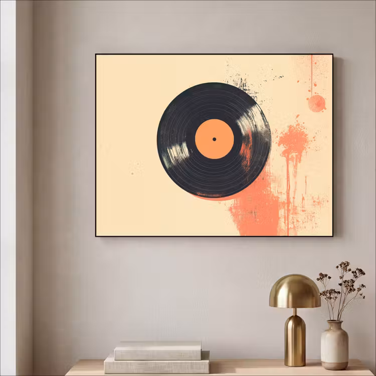 Vinylplaat - Zwart - Verfspatten - Retro Textielframe - compleet frame klein -sfeer2