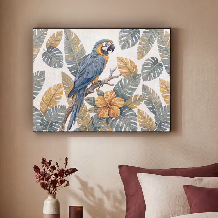Vogel - Tak - Natuur - Mozaïek - Blauw Textielframe zwart klein -sfeer1