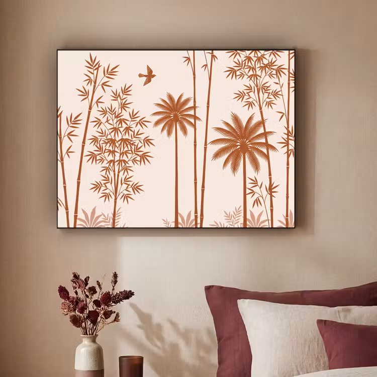 Vogel - Boom - Tropisch - Minimalistisch - Bruin Textielframe zwart klein -sfeer1