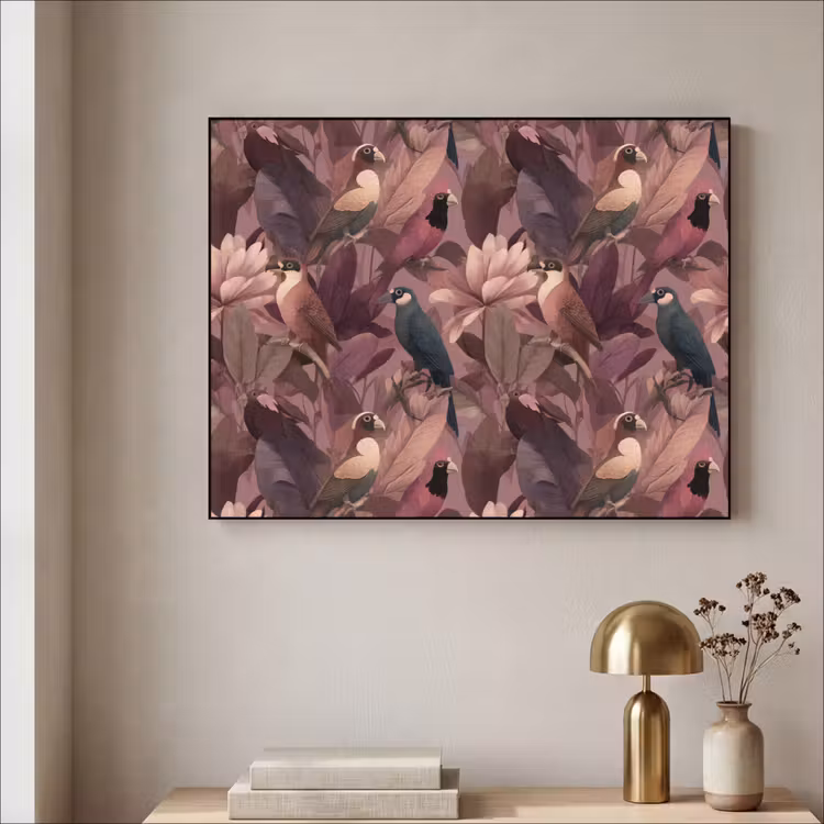 Vogels - Bladeren - Roze Textielframe zwart klein 947 -sfeer2