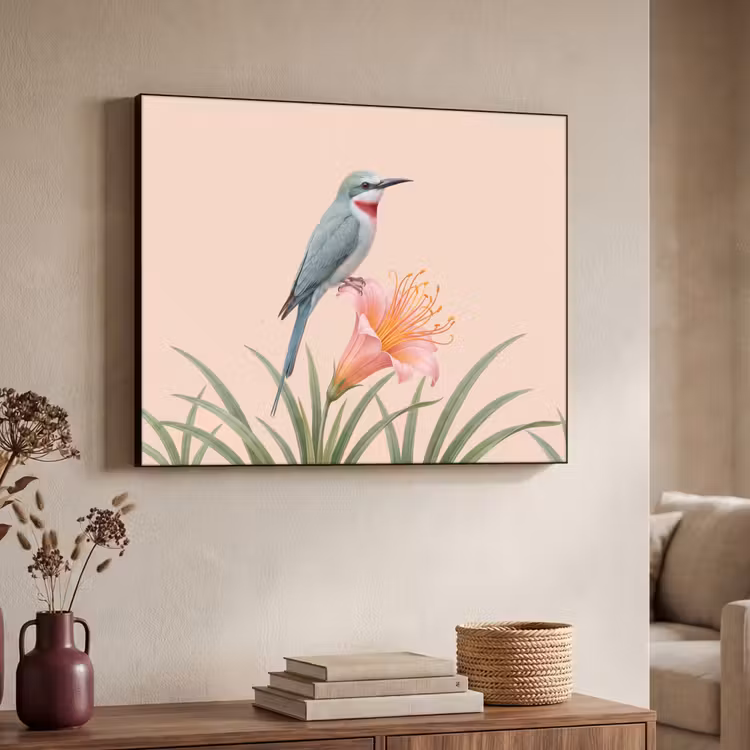 Vogel - Bloem - Natuur - Roze Textielframe zwart klein -sfeer3