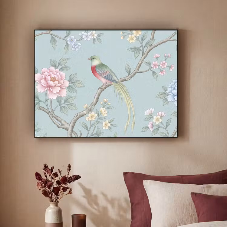Vogel - Bloemen - Kleurrijk Textielframe zwart klein -sfeer1