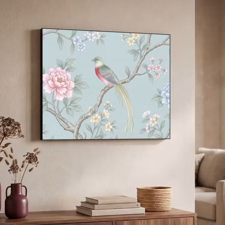 Vogel - Bloemen - Kleurrijk Textielframe zwart klein -sfeer3