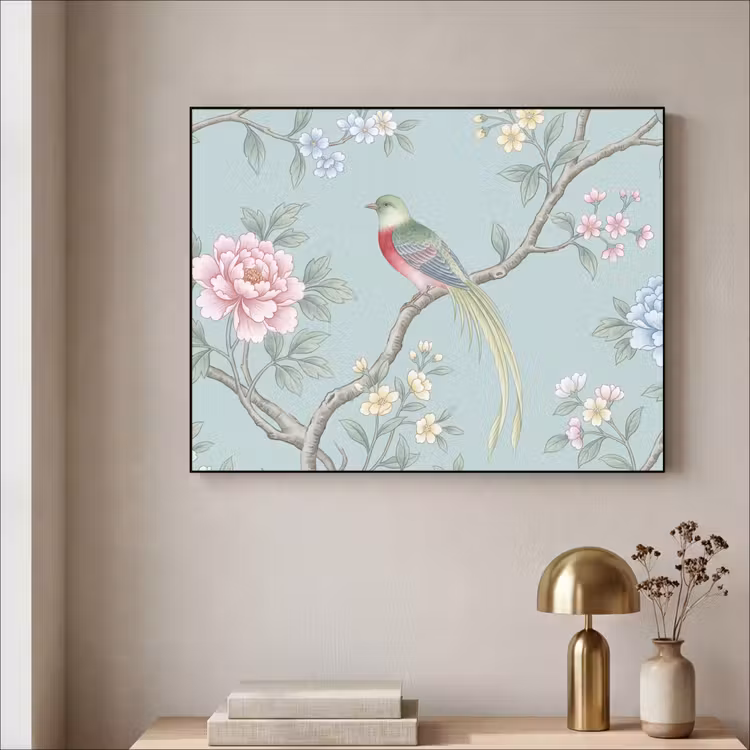 Vogel - Bloemen - Kleurrijk Textielframe zwart klein -sfeer2