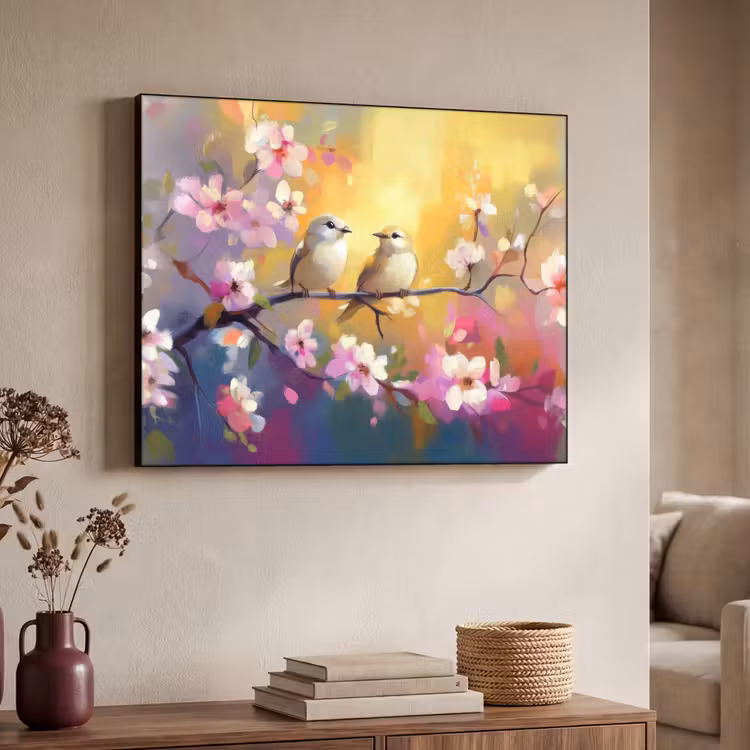 Vogels - Bloemen - Roze Textielframe zwart klein -sfeer3