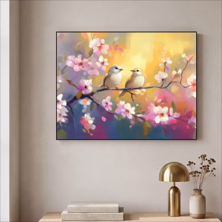 Vogels - Bloemen - Roze Textielframe zwart klein -sfeer2