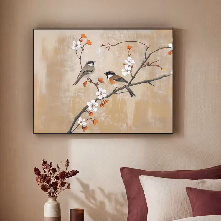 Vogels - Bloesemtak - Bloemen - Oranje Textielframe - compleet frame klein -sfeer1