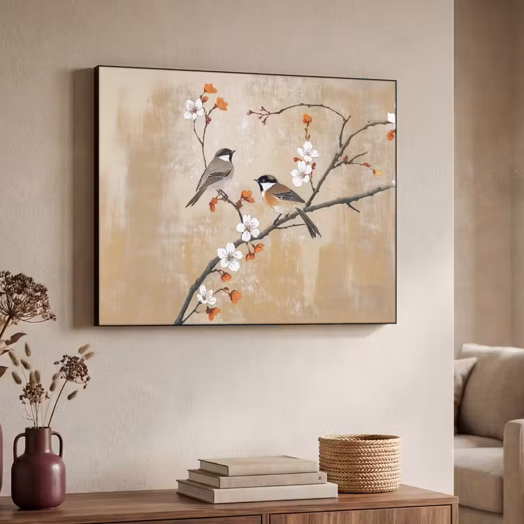 Vogels - Bloesemtak - Bloemen - Oranje Textielframe - compleet frame klein -sfeer3