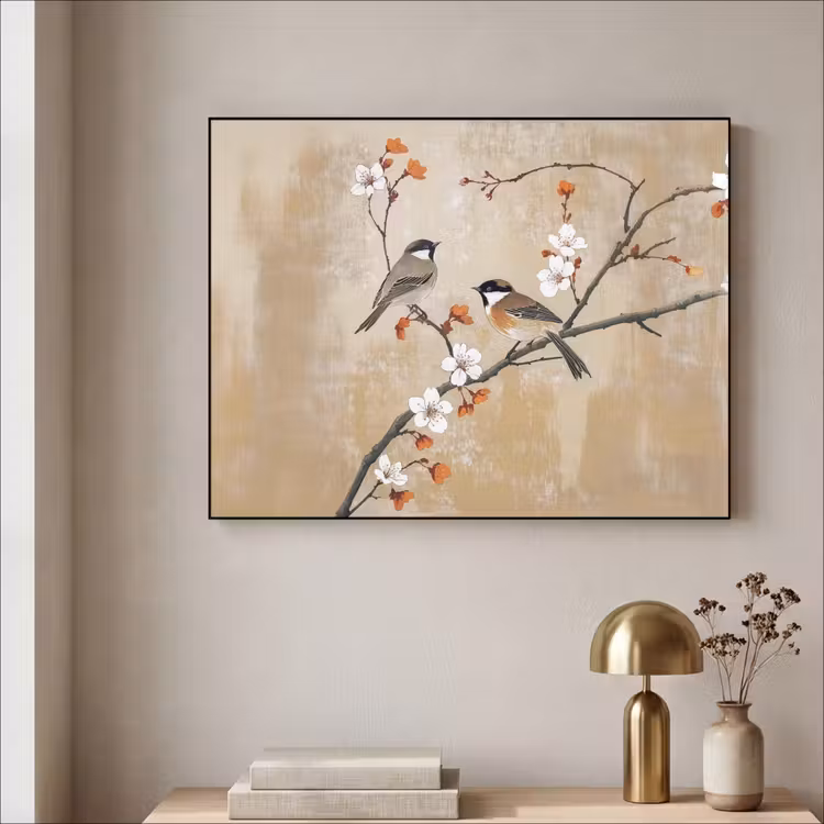 Vogels - Bloesemtak - Bloemen - Oranje Textielframe zwart klein -sfeer2