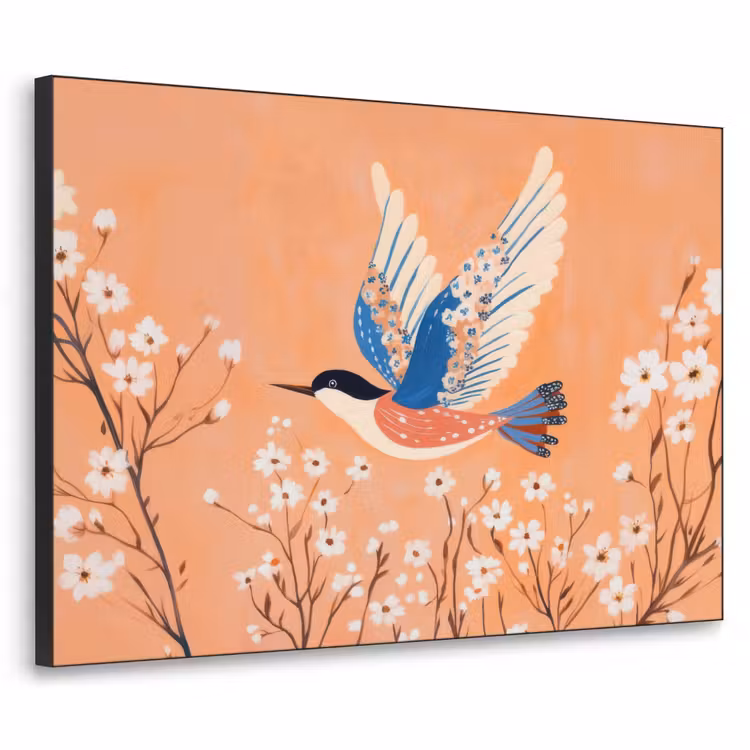 Vogel - Bloesemtakken - Warm - Kleurrijk Textielframe zwart klein -3d