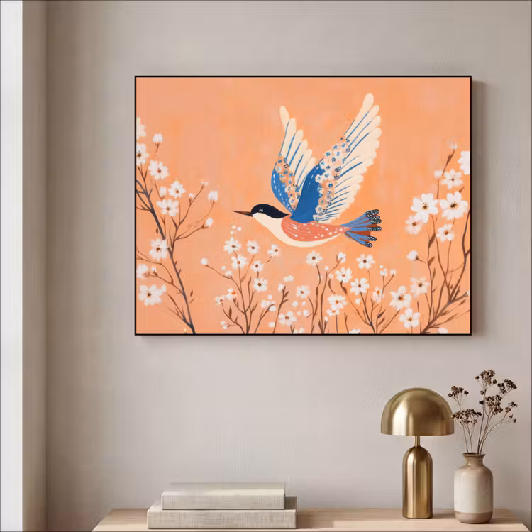 Vogel - Bloesemtakken - Warm - Kleurrijk Textielframe - compleet frame klein -sfeer2