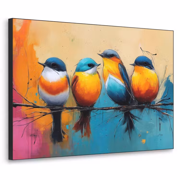 Vogels - Kleurrijk - Tak - Abstract Textielframe zwart klein -3d