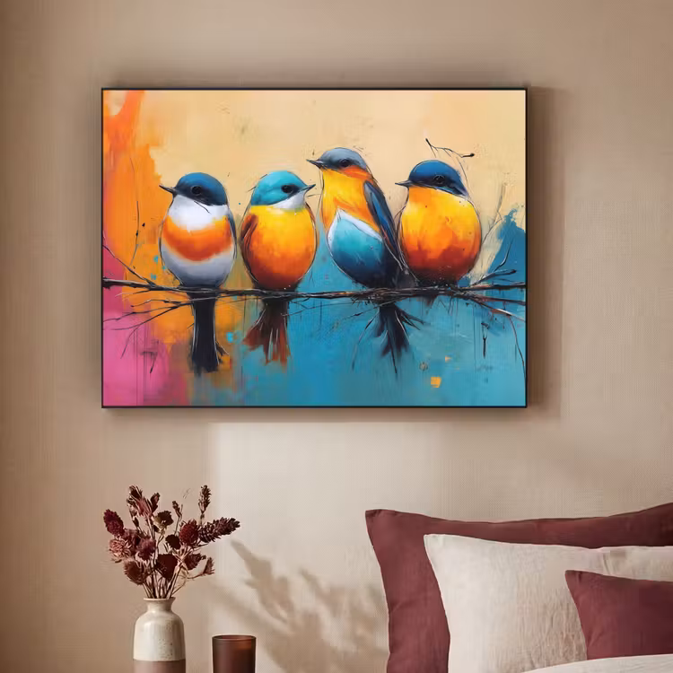 Vogels - Kleurrijk - Tak - Abstract Textielframe zwart klein -sfeer1