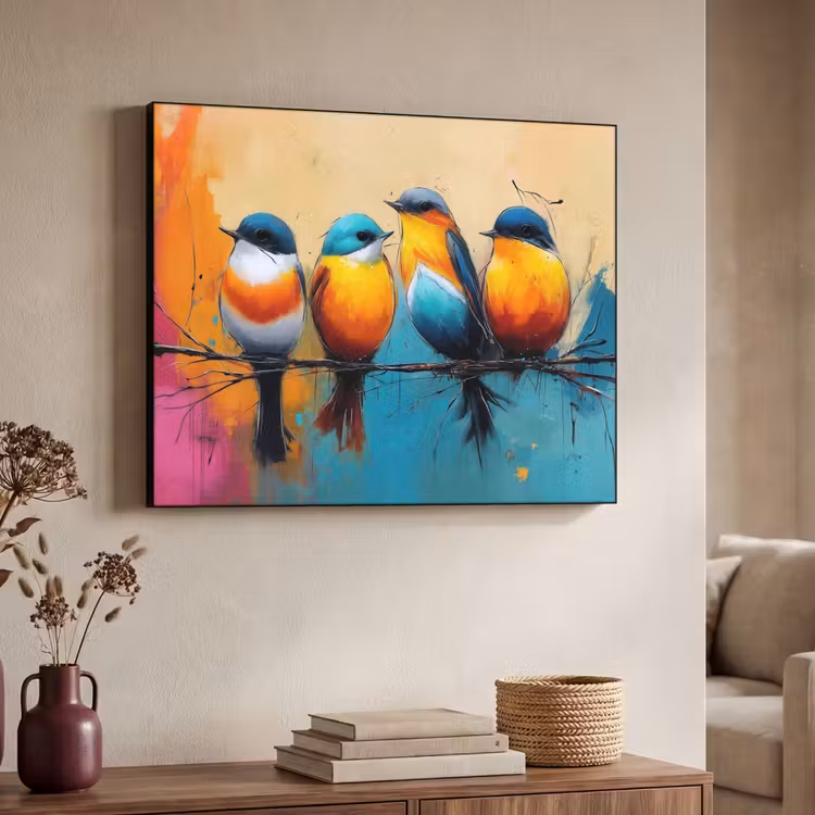 Vogels - Kleurrijk - Tak - Abstract Textielframe zwart klein -sfeer3