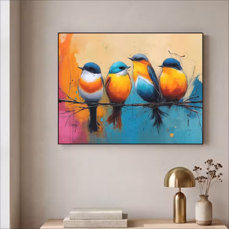 Vogels - Kleurrijk - Tak - Abstract Textielframe - compleet frame klein -sfeer2
