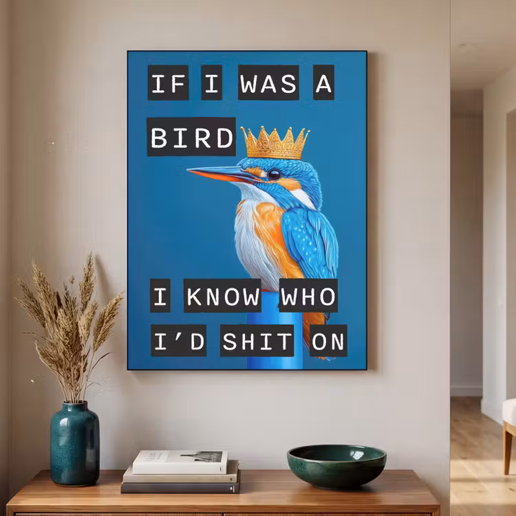 Vogel - Decoratie - Ijsvogel - Blauw Textielframe zwart klein -sfeer1
