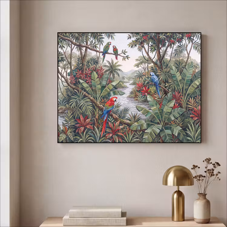 Vogel - Jungle - Natuur - Mozaïek - Groen Textielframe zwart klein -sfeer2