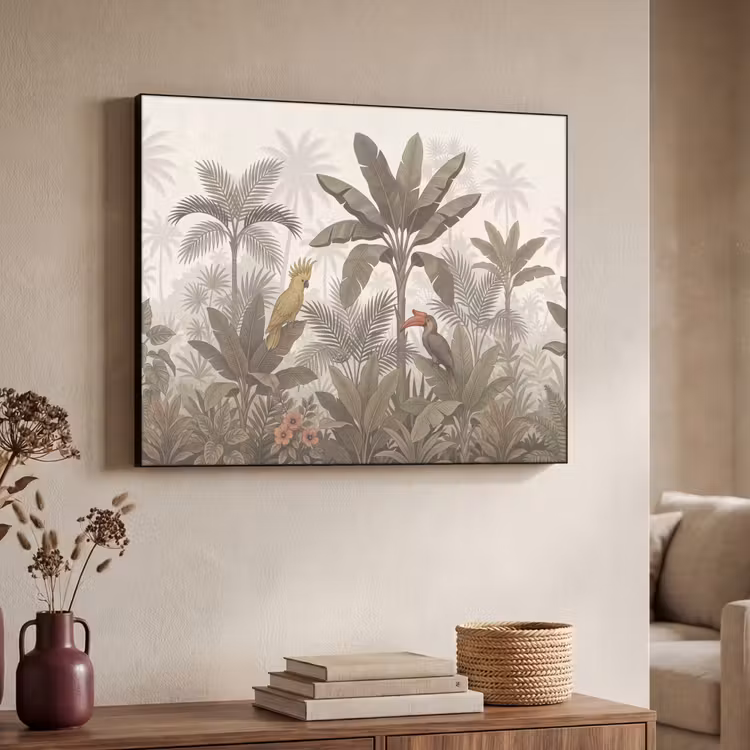 Vogel - Jungle - Tropisch - Illustratie - Groen Textielframe zwart klein -sfeer3