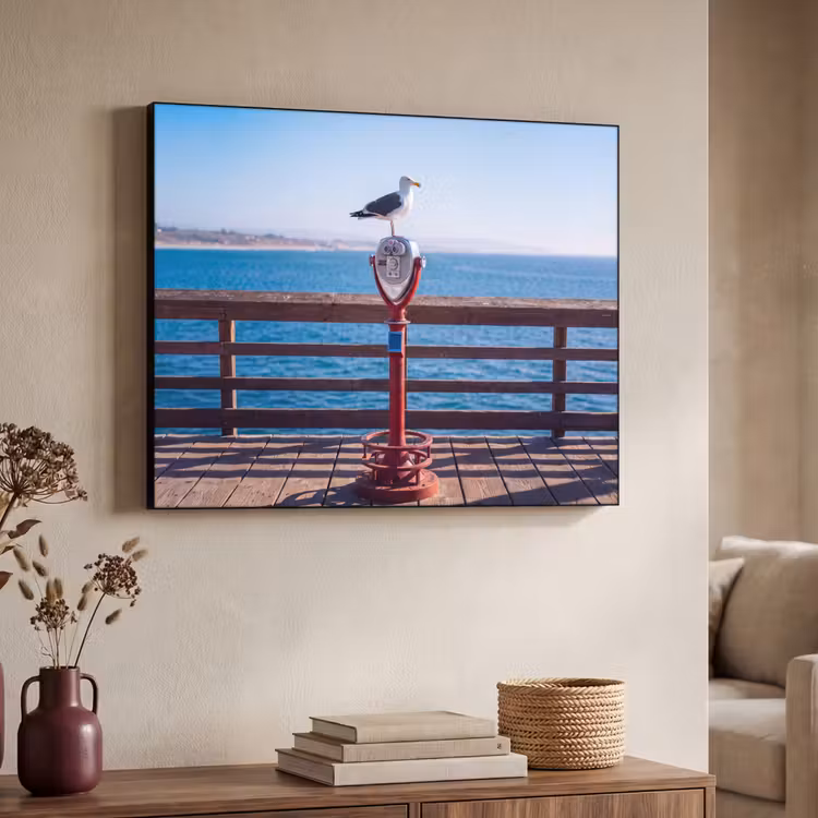 Vogel - Verrekijker - Kust - Zee - Blauw Textielframe zwart klein -sfeer3