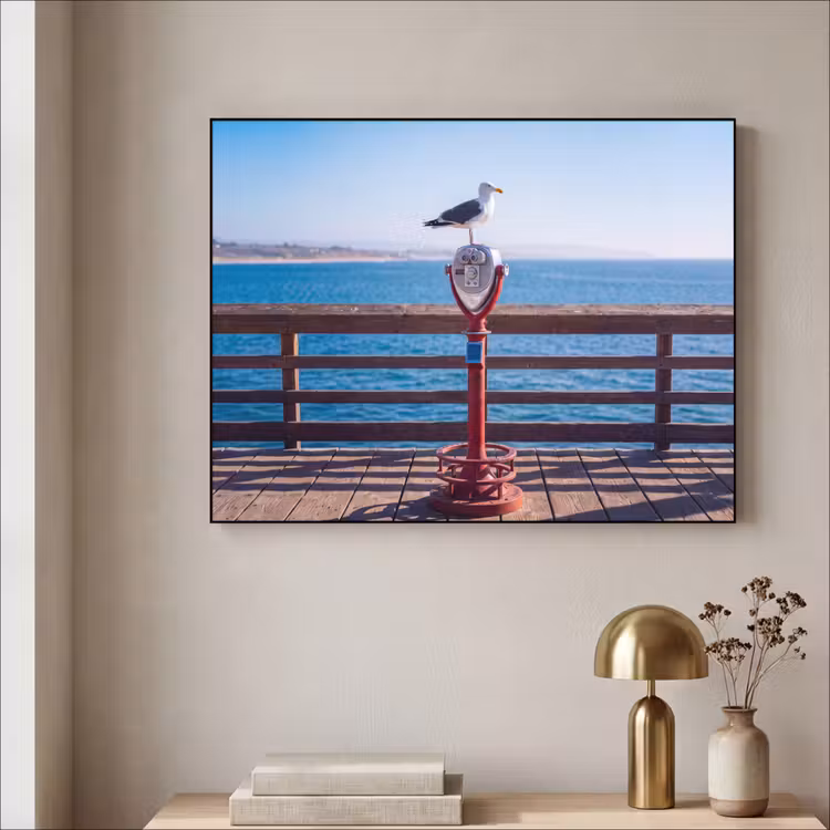 Vogel - Verrekijker - Kust - Zee - Blauw Textielframe zwart klein -sfeer2