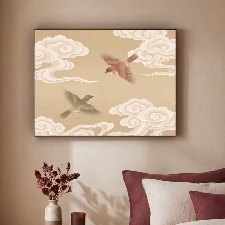 Vogels - Vliegen - Beige Textielframe zwart klein -sfeer1