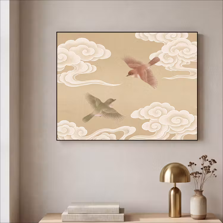 Vogels - Vliegen - Beige Textielframe zwart klein -sfeer2