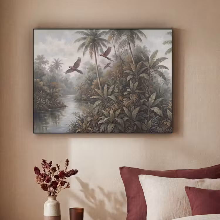 Vogel - Vliegend - Tropisch - Landschap - Klassiek Textielframe zwart klein -sfeer1