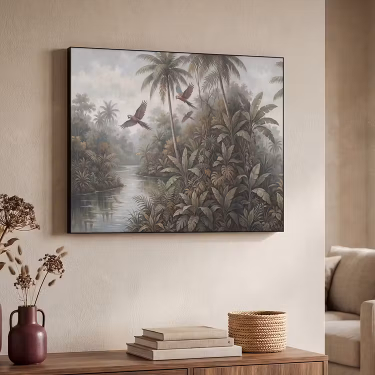 Vogel - Vliegend - Tropisch - Landschap - Klassiek Textielframe zwart klein -sfeer3