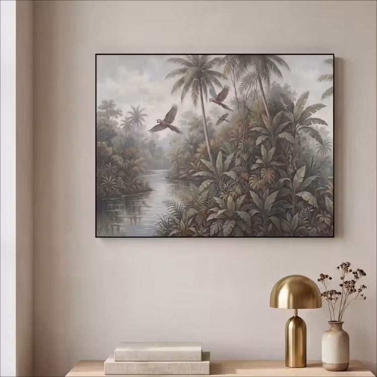 Vogel - Vliegend - Tropisch - Landschap - Klassiek Textielframe zwart klein -sfeer2