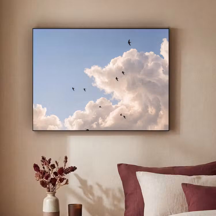 Vogel - Vlucht - Wolken - Natuur - Blauw Textielframe zwart klein -sfeer1
