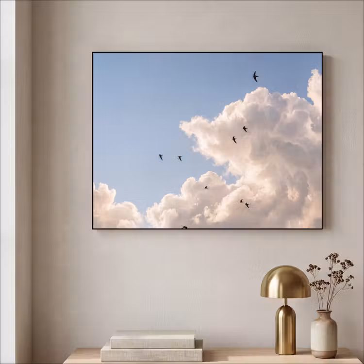 Vogel - Vlucht - Wolken - Natuur - Blauw Textielframe zwart klein -sfeer2