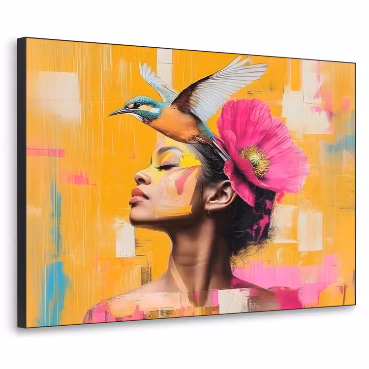 Vogel - Vrouw - Abstract - Bloem Textielframe zwart klein -3d