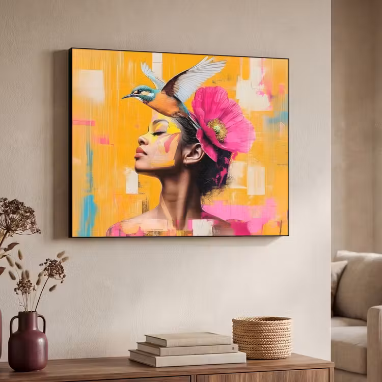 Vogel - Vrouw - Abstract - Bloem Textielframe zwart klein -sfeer3