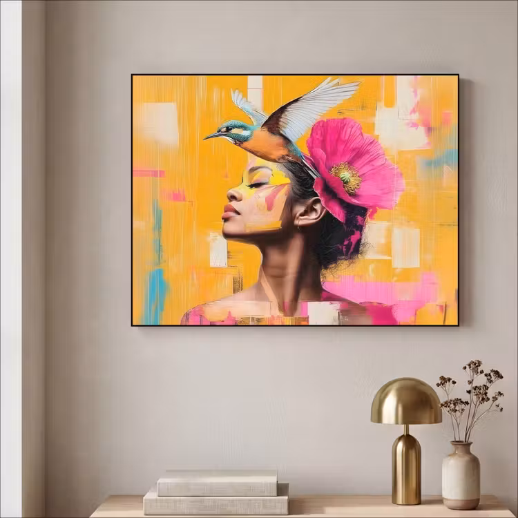Vogel - Vrouw - Abstract - Bloem Textielframe zwart klein -sfeer2