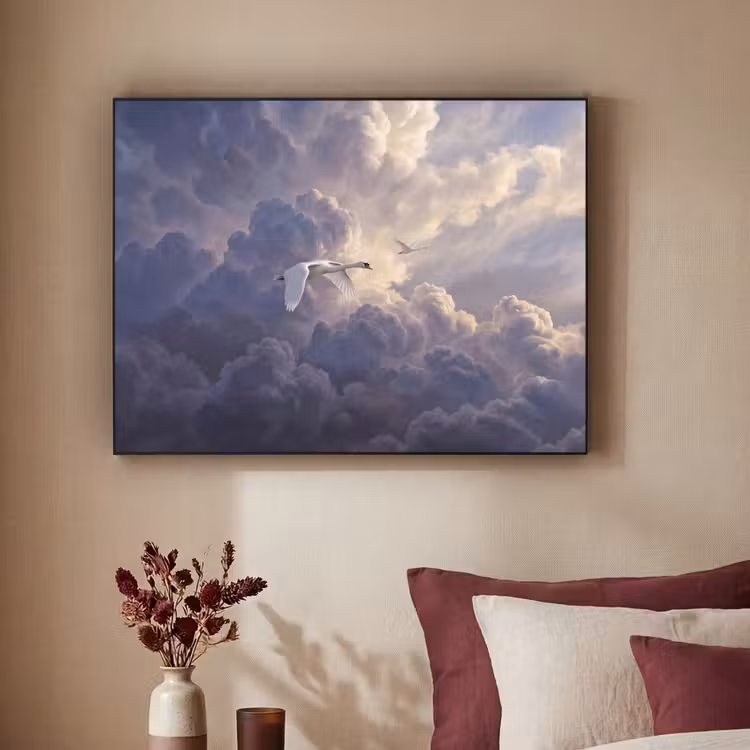 Vogel - Vliegend - Natuur - Wit - Wolken Textielframe zwart klein -sfeer1
