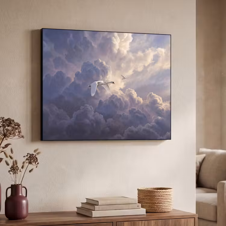 Vogel - Vliegend - Natuur - Wit - Wolken Textielframe zwart klein -sfeer3